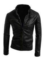 Herren Kleidung Stehkragen Langärmelig Imitat Lederjacke - Schwarz, M (48) -