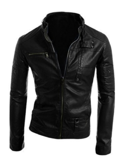 Herren Kleidung Stehkragen Langärmelig Imitat Lederjacke - Schwarz, M (48) -