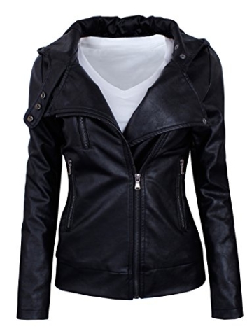 HRYfashion Damen stylische Lederjacke Hoodie mit Reissverschluss HRYPJW01-BLACK-US M -