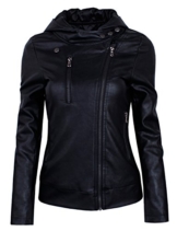 HRYfashion Damen stylische Lederjacke Hoodie mit Reissverschluss HRYPJW01-BLACK-US M -