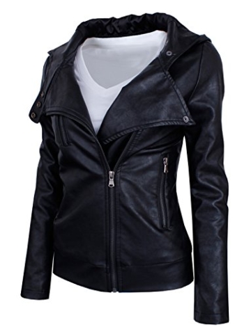 HRYfashion Damen stylische Lederjacke Hoodie mit Reissverschluss HRYPJW01-BLACK-US M -