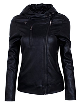 HRYfashion Damen stylische Lederjacke Hoodie mit Reissverschluss HRYPJW01-BLACK-US M -