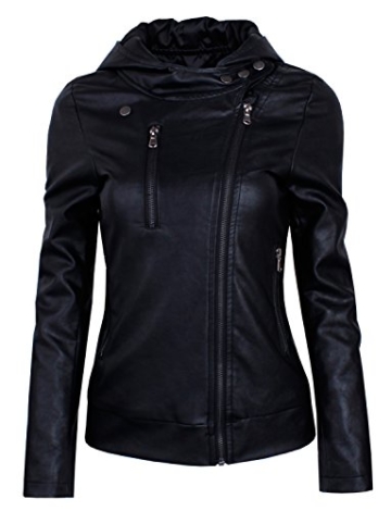 HRYfashion Damen stylische Lederjacke Hoodie mit Reissverschluss HRYPJW01-BLACK-US M -