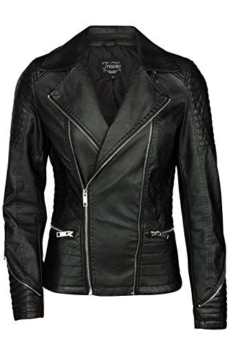 TRISENS DAMEN LEDERJACKE BIKER KURZ MOTORRAD JACKE KUNST PU LEDER SCHWARZ SILBER, Farbe:Schwarz;Größe:M - 