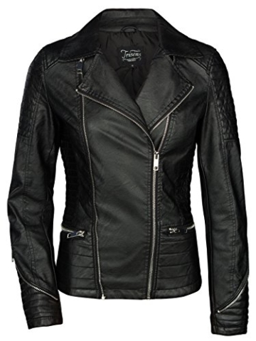 TRISENS DAMEN LEDERJACKE BIKER KURZ MOTORRAD JACKE KUNST PU LEDER SCHWARZ SILBER, Farbe:Schwarz;Größe:M -