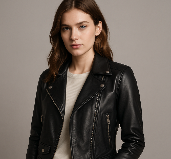 Das Bild zeigt eine junge Frau in einer schwarzen 2nd Day Lederjacke. Der klare Schnitt, die feinen Details und das edle Leder verkörpern skandinavische Eleganz und urbanen Chic. Ihr selbstbewusster Blick unterstreicht den modernen Spirit, für den die Marke 2nd Day steht.