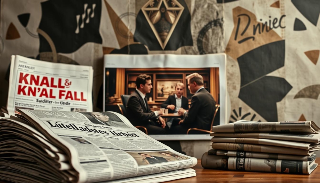 A beautifully composed review collage for the German comedy "Knall und Fall als Hochstapler". In the foreground, a stack of newspapers and magazines featuring bold, eye-catching headlines and critical analysis of the film. The middle ground showcases a cinematic scene from the movie, capturing the comedic interplay between the lead actors against a richly detailed set. In the background, an abstract pattern of shapes and textures evokes the artistic flair and creative vision of the filmmakers. The overall mood is one of thoughtful critique, balanced by a sense of entertainment and cultural significance. Crisp, evocative lighting and a slightly vintage lens filter lend an air of timelessness to the composition. A beautifully composed review collage for the German comedy "Knall und Fall als Hochstapler". In the foreground, a stack of newspapers and magazines featuring bold, eye-catching headlines and critical analysis of the film. The middle ground showcases a cinematic scene from the movie, capturing the comedic interplay between the lead actors against a richly detailed set. In the background, an abstract pattern of shapes and textures evokes the artistic flair and creative vision of the filmmakers. The overall mood is one of thoughtful critique, balanced by a sense of entertainment and cultural significance. Crisp, evocative lighting and a slightly vintage lens filter lend an air of timelessness to the composition.