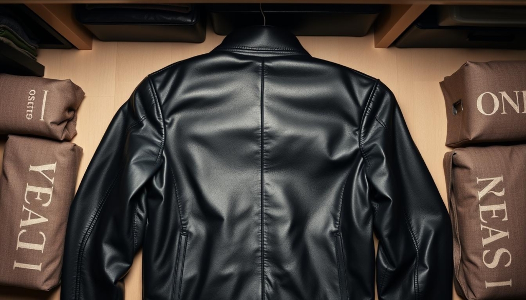 A beautifully lit overhead shot of a neatly organized closet shelf, featuring a well-cared-for black leather jacket laid flat, its supple texture and sheen captured in stunning detail. The jacket is flanked by carefully folded garment bags and storage boxes, creating a visually appealing and practical display. The soft, even lighting highlights the jacket's fine craftsmanship, while the clean, minimalist background emphasizes the importance of proper storage for maintaining the jacket's shape and condition over time. The overall scene conveys a sense of care, organization, and appreciation for high-quality leather goods. A beautifully lit overhead shot of a neatly organized closet shelf, featuring a well-cared-for black leather jacket laid flat, its supple texture and sheen captured in stunning detail. The jacket is flanked by carefully folded garment bags and storage boxes, creating a visually appealing and practical display. The soft, even lighting highlights the jacket's fine craftsmanship, while the clean, minimalist background emphasizes the importance of proper storage for maintaining the jacket's shape and condition over time. The overall scene conveys a sense of care, organization, and appreciation for high-quality leather goods.