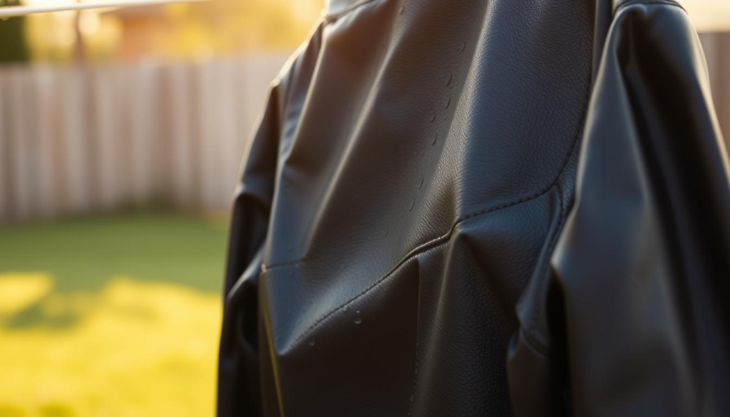 A black leather jacket, glistening with water droplets, hangs from a clothesline, suspended against a softly blurred background of a warm, sun-dappled yard. The jacket is the focal point, its surface catching the light in a way that highlights the supple texture of the leather. The composition emphasizes the simplicity of the drying process, with the jacket taking center stage and the environment providing a neutral, yet soothing, setting. The overall mood is one of calm and tranquility, inviting the viewer to imagine the steps necessary to properly care for and maintain a treasured leather garment. A black leather jacket, glistening with water droplets, hangs from a clothesline, suspended against a softly blurred background of a warm, sun-dappled yard. The jacket is the focal point, its surface catching the light in a way that highlights the supple texture of the leather. The composition emphasizes the simplicity of the drying process, with the jacket taking center stage and the environment providing a neutral, yet soothing, setting. The overall mood is one of calm and tranquility, inviting the viewer to imagine the steps necessary to properly care for and maintain a treasured leather garment.