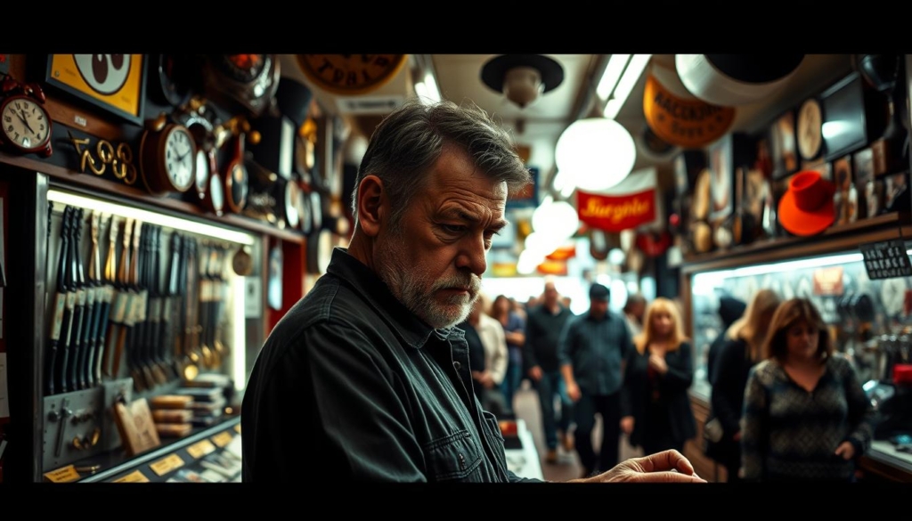 A bustling pawn shop interior, its walls adorned with an eclectic array of merchandise. In the foreground, a middle-aged man with a weathered face and sharp gaze - Les Gold, the charismatic owner of "Hardcore Pawn," stands behind the counter, evaluating an item with a practiced eye. The shop's bright lighting casts dramatic shadows, creating an atmosphere of intense negotiation and high-stakes transactions. In the background, a diverse array of customers browse the aisles, each with their own unique stories and items to be appraised. The scene is a dynamic, gritty representation of the world of pawn shop dealings, capturing the essence of the "Hardcore Pawn" experience.
