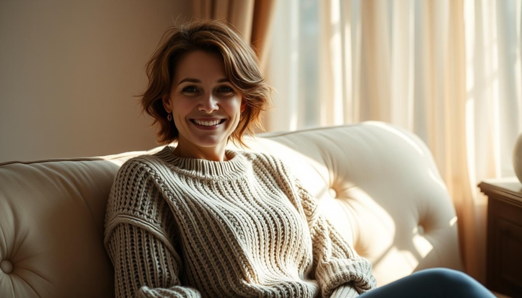 A candid, natural portrait of Lena Meyer-Landrut in her private life. She sits on a plush, ivory-colored sofa, leaning back comfortably with a warm, gentle smile. Sunlight filters through delicate curtains, casting a soft, golden glow on her face and surroundings. Lena is dressed casually in a cozy, oversized knit sweater, her hair styled in tousled, effortless waves. The atmosphere is intimate and inviting, offering a glimpse into Lena's personal world, away from the spotlight. The composition is balanced, with Lena as the focal point, surrounded by the comfortable, tasteful decor of her private living space. A candid, natural portrait of Lena Meyer-Landrut in her private life. She sits on a plush, ivory-colored sofa, leaning back comfortably with a warm, gentle smile. Sunlight filters through delicate curtains, casting a soft, golden glow on her face and surroundings. Lena is dressed casually in a cozy, oversized knit sweater, her hair styled in tousled, effortless waves. The atmosphere is intimate and inviting, offering a glimpse into Lena's personal world, away from the spotlight. The composition is balanced, with Lena as the focal point, surrounded by the comfortable, tasteful decor of her private living space.