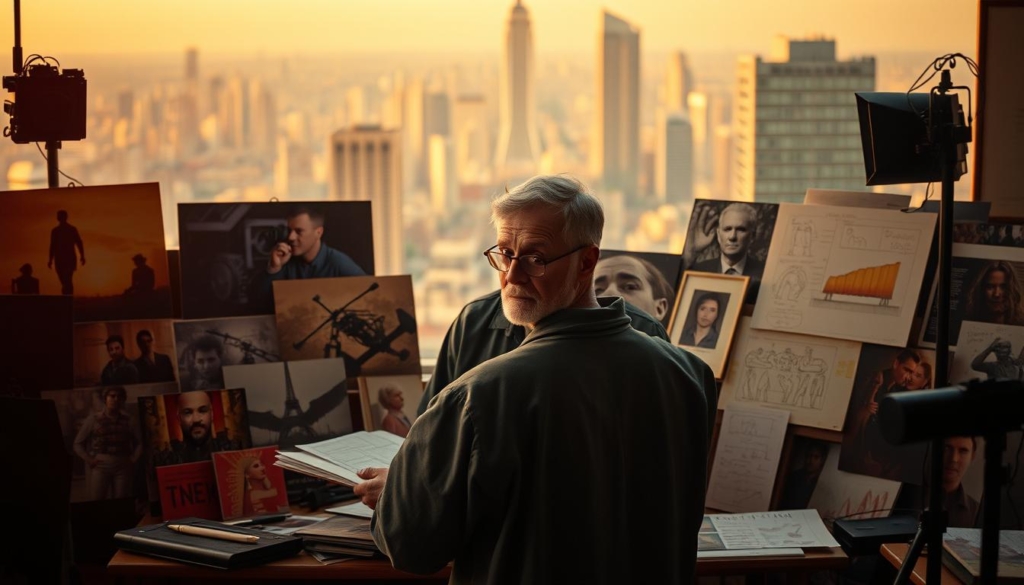 A cinematic showcase of Tom Bierbaumer's artistic highlights, captured in a richly textured, high-resolution image. In the foreground, a dynamic tableau of his most acclaimed projects, from experimental films to innovative stage productions, rendered in vivid, saturated tones. The middle ground features Bierbaumer himself, immersed in the creative process, surrounded by a curated collection of sketches, storyboards, and visual references. In the background, a subtly blurred cityscape evokes the urban landscape that has inspired much of his work, bathed in warm, golden lighting that casts a contemplative, artistic atmosphere. The overall composition conveys Bierbaumer's multifaceted creative genius and his profound impact on the world of performing arts.