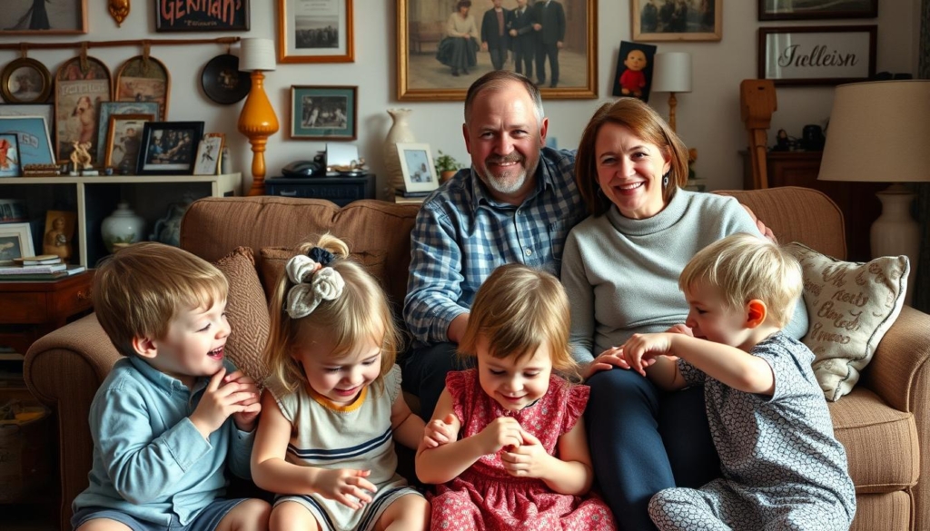 A close-knit family portrait of David Christopher Meyen, his wife, and their two young children, captured in a warm, natural light. The scene depicts the family gathered together in their cozy living room, surrounded by personal mementos and family heirlooms that hint at their German heritage. The parents sit side by side, their hands intertwined, while the children playfully interact in the foreground, creating a sense of familial intimacy and togetherness. The overall composition conveys a sense of domestic bliss and the cherished moments shared within the Meyen household. A close-knit family portrait of David Christopher Meyen, his wife, and their two young children, captured in a warm, natural light. The scene depicts the family gathered together in their cozy living room, surrounded by personal mementos and family heirlooms that hint at their German heritage. The parents sit side by side, their hands intertwined, while the children playfully interact in the foreground, creating a sense of familial intimacy and togetherness. The overall composition conveys a sense of domestic bliss and the cherished moments shared within the Meyen household.