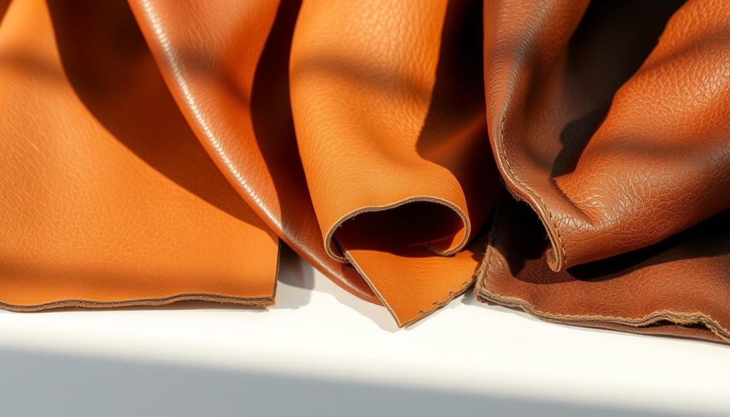A close-up of various leather types - smooth, textured, and distressed - displayed on a clean, well-lit surface. The materials are carefully arranged to showcase their distinct properties and cleaning requirements. Warm, natural lighting from the side casts subtle shadows, emphasizing the tactile quality of the leathers. The composition is balanced and minimalist, with a focus on the details and textures of the different leather samples. The overall mood is one of expertise, attention to detail, and a desire to educate the viewer on proper leather care. A close-up of various leather types - smooth, textured, and distressed - displayed on a clean, well-lit surface. The materials are carefully arranged to showcase their distinct properties and cleaning requirements. Warm, natural lighting from the side casts subtle shadows, emphasizing the tactile quality of the leathers. The composition is balanced and minimalist, with a focus on the details and textures of the different leather samples. The overall mood is one of expertise, attention to detail, and a desire to educate the viewer on proper leather care.