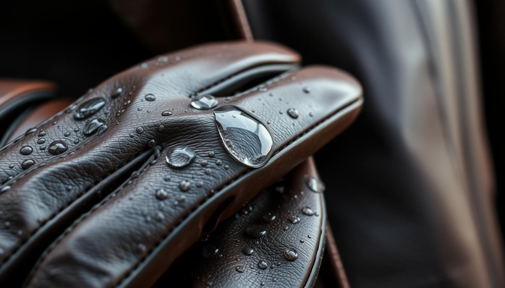 A close-up photograph of a pair of leather gloves or jacket, with water droplets visibly beading on the surface. The lighting is natural, with soft, diffused illumination from a window or overcast sky, highlighting the texture and sheen of the leather. The background is blurred, placing the focus entirely on the water-stained leather. The composition is carefully balanced, with the water droplets strategically positioned to draw the viewer's eye. The overall mood is one of contemplation, inviting the viewer to consider the best methods for treating water-damaged leather. A close-up photograph of a pair of leather gloves or jacket, with water droplets visibly beading on the surface. The lighting is natural, with soft, diffused illumination from a window or overcast sky, highlighting the texture and sheen of the leather. The background is blurred, placing the focus entirely on the water-stained leather. The composition is carefully balanced, with the water droplets strategically positioned to draw the viewer's eye. The overall mood is one of contemplation, inviting the viewer to consider the best methods for treating water-damaged leather.
