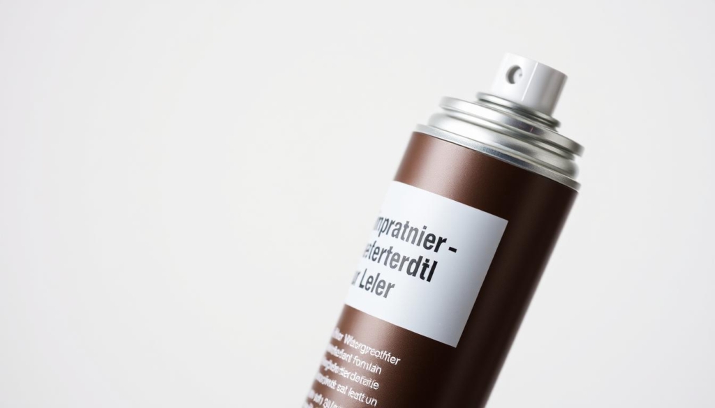 A close-up shot of a bottle or can of leather waterproofing and conditioning spray or treatment. The container has a sleek, modern design with a minimalist label displaying the German text "Imprägniermittel für Leder". The product is displayed against a plain, soft-focused background, evenly lit from the side to accentuate the texture and sheen of the leather-care formula within. The composition emphasizes the practicality and effectiveness of the leather protectant, conveying a sense of quality and functionality to complement the article's topic of preserving and maintaining a leather jacket. A close-up shot of a bottle or can of leather waterproofing and conditioning spray or treatment. The container has a sleek, modern design with a minimalist label displaying the German text "Imprägniermittel für Leder". The product is displayed against a plain, soft-focused background, evenly lit from the side to accentuate the texture and sheen of the leather-care formula within. The composition emphasizes the practicality and effectiveness of the leather protectant, conveying a sense of quality and functionality to complement the article's topic of preserving and maintaining a leather jacket.