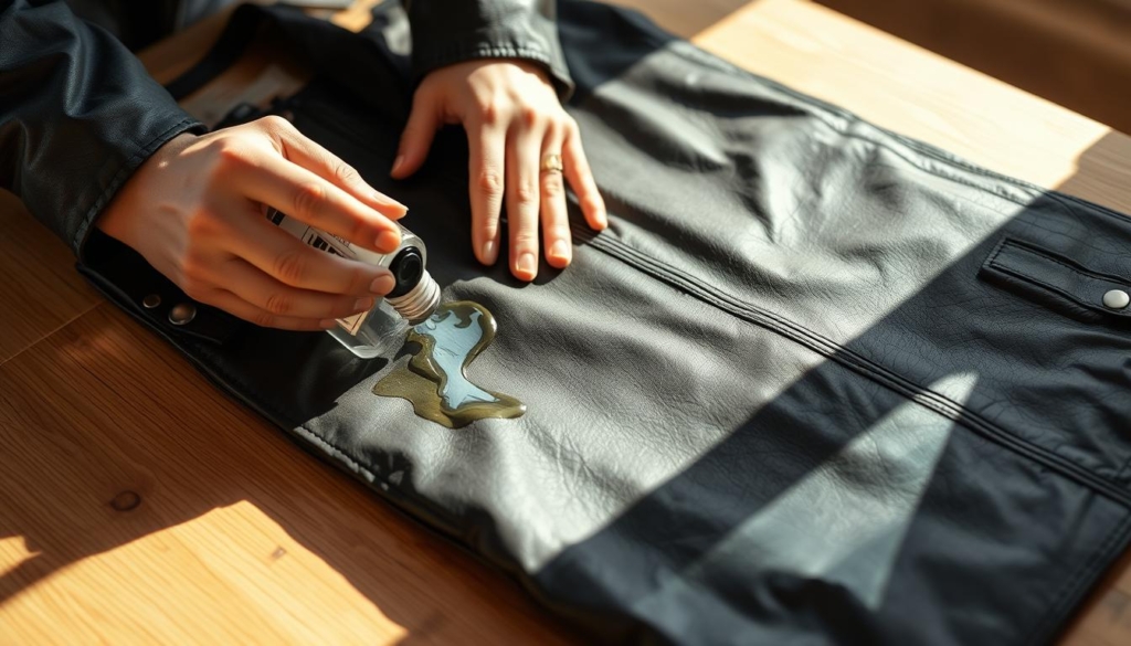 A close-up shot of a person's hands carefully applying a protective leather conditioner or waterproofing solution to the surface of a black leather jacket. The jacket is laid flat on a clean, well-lit wooden table, allowing the product to be evenly distributed across the material. The lighting is warm and natural, casting soft shadows that highlight the texture and sheen of the leather. The person's movements are deliberate and focused, conveying the importance of properly maintaining and preserving the quality of the jacket. The overall mood is one of care and attention to detail, reflecting the value placed on protecting and extending the life of a prized leather garment. A close-up shot of a person's hands carefully applying a protective leather conditioner or waterproofing solution to the surface of a black leather jacket. The jacket is laid flat on a clean, well-lit wooden table, allowing the product to be evenly distributed across the material. The lighting is warm and natural, casting soft shadows that highlight the texture and sheen of the leather. The person's movements are deliberate and focused, conveying the importance of properly maintaining and preserving the quality of the jacket. The overall mood is one of care and attention to detail, reflecting the value placed on protecting and extending the life of a prized leather garment.