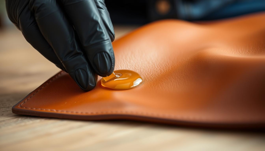 A close-up view of a gloved hand gently massaging a piece of smooth, supple leather with a small amount of plant-based oil. The leather shines with a healthy, nourished glow under soft, natural lighting. The background is blurred, keeping the focus on the intimate act of caring for the leather. The scene conveys a sense of quiet, thoughtful attention and reverence for the material, emphasizing the importance of using the right techniques to maintain the leather's pristine condition.