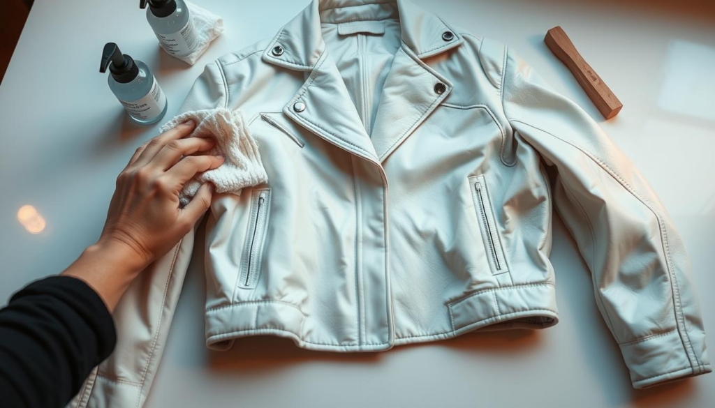A close-up view of a step-by-step cleaning process for a pristine white leather jacket. The jacket is placed on a clean, well-lit surface, with various cleaning supplies neatly arranged around it, including a soft cloth, a leather cleaning solution, and a small brush. The lighting is soft and diffused, creating a warm, inviting atmosphere. The camera angle is slightly elevated, giving a clear view of the jacket and the hands performing the cleaning steps. The focus is on the intricate details of the jacket, highlighting its soft, supple texture and the care being taken to maintain its flawless appearance.