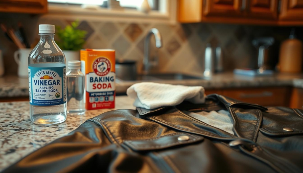 A cozy, well-lit kitchen countertop with an assortment of natural cleaning products - vinegar, baking soda, a cloth, and a leather jacket in the foreground. The jacket has a few water stains that need attention. The scene exudes a sense of practicality and resourcefulness, with warm, soft lighting illuminating the simple, effective homemade solutions for caring for the leather jacket. The background is blurred, keeping the focus on the task at hand - safely and effectively removing water stains from the leather using trusted household items. A cozy, well-lit kitchen countertop with an assortment of natural cleaning products - vinegar, baking soda, a cloth, and a leather jacket in the foreground. The jacket has a few water stains that need attention. The scene exudes a sense of practicality and resourcefulness, with warm, soft lighting illuminating the simple, effective homemade solutions for caring for the leather jacket. The background is blurred, keeping the focus on the task at hand - safely and effectively removing water stains from the leather using trusted household items.