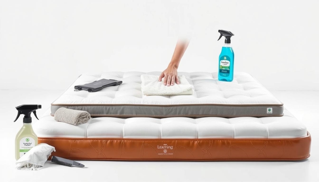 A detailed, step-by-step illustration of cleaning a leather mattress. A well-lit, high-resolution image showcasing the process in a clean, minimalist environment. The foreground features various cleaning tools and supplies, neatly arranged. The middle ground depicts a person's hands methodically cleaning the mattress surface, with attention to detail. The background is a simple, uncluttered white or light gray space, creating a calm, professional atmosphere. The lighting is soft, even, and highlights the textures of the leather and cleaning products. The overall mood is one of informative, instructional clarity, guiding the viewer through the proper cleaning steps.