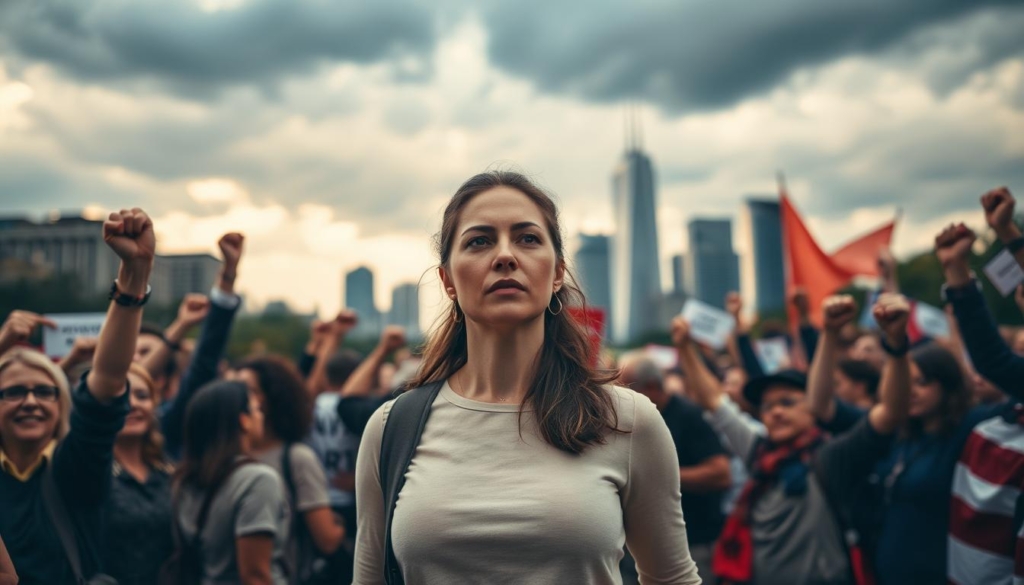 A determined woman stands in the foreground, her gaze fixed with a sense of purpose. She is surrounded by a crowd of supporters, their raised fists and banners creating an atmosphere of political activism. In the middle ground, a podium stands, suggesting a rally or protest. The background is a cityscape, with towering buildings and a cloudy, dramatic sky, hinting at the gravity of the moment. The lighting is warm and natural, casting an inspiring glow over the scene. The overall composition conveys a powerful message of political engagement, passion, and the desire for change.