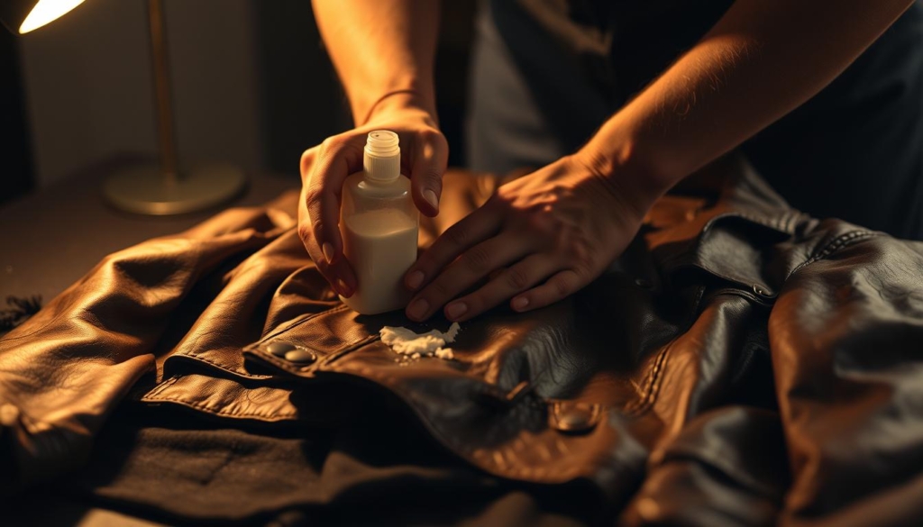 A dimly lit interior with a close-up view of a person's hands carefully applying a specialized leather cleaner to a well-worn, vintage-style leather jacket. The jacket is placed on a dark-colored cloth or surface, allowing the focus to be on the cleaning process. Soft, warm lighting illuminates the scene, creating a sense of intimacy and attention to detail. The hands are delicately massaging the cleaner into the leather, gently removing any built-up grime or discoloration. The background is slightly blurred, keeping the emphasis on the hands and the jacket, conveying the importance of the task at hand. A dimly lit interior with a close-up view of a person's hands carefully applying a specialized leather cleaner to a well-worn, vintage-style leather jacket. The jacket is placed on a dark-colored cloth or surface, allowing the focus to be on the cleaning process. Soft, warm lighting illuminates the scene, creating a sense of intimacy and attention to detail. The hands are delicately massaging the cleaner into the leather, gently removing any built-up grime or discoloration. The background is slightly blurred, keeping the emphasis on the hands and the jacket, conveying the importance of the task at hand.
