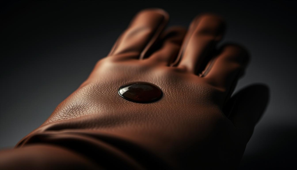 A dimly lit studio setting, showcasing a close-up view of a leather glove. The glove is made of smooth, high-quality glattleder, with a subtle sheen. The camera focuses on a noticeable grease or oil stain on the surface of the leather. Soft, directional lighting casts subtle shadows, highlighting the texture and imperfections of the material. The background is a simple, neutral color, allowing the leather glove to be the central focus. The overall mood is one of careful examination and attention to detail, as if the viewer is tasked with finding the best method to remove the stubborn fettflecken (grease stain) from the precious glattleder (smooth leather). A dimly lit studio setting, showcasing a close-up view of a leather glove. The glove is made of smooth, high-quality glattleder, with a subtle sheen. The camera focuses on a noticeable grease or oil stain on the surface of the leather. Soft, directional lighting casts subtle shadows, highlighting the texture and imperfections of the material. The background is a simple, neutral color, allowing the leather glove to be the central focus. The overall mood is one of careful examination and attention to detail, as if the viewer is tasked with finding the best method to remove the stubborn fettflecken (grease stain) from the precious glattleder (smooth leather).