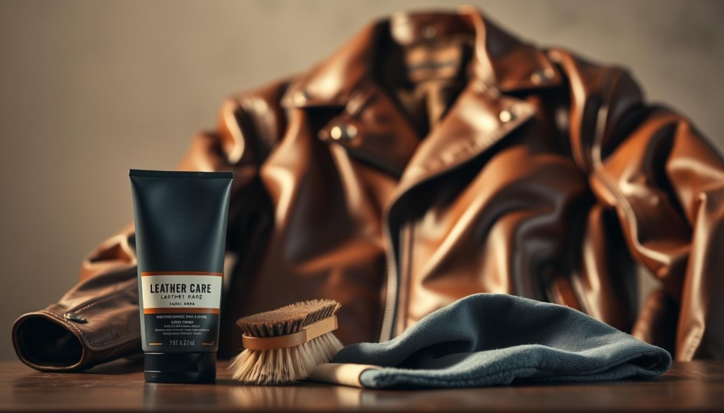 A finely polished leather jacket glistens under the warm, natural lighting of a softly lit studio. The supple fabric catches the light, showcasing its rich, lustrous texture. In the foreground, a set of high-quality leather care products - a conditioning cream, a soft brush, and a polishing cloth - are arranged neatly, hinting at the meticulous attention required to maintain the jacket's pristine appearance. The background is hazy and indistinct, allowing the viewer to focus solely on the elegant centerpiece and the tools needed to preserve its timeless elegance.