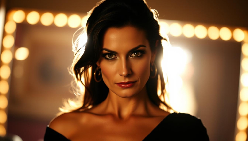 A glamorous, cinematic portrait of acclaimed actress Demi Moore at the height of her career. Dramatic backlighting illuminates her striking features, capturing the poise and magnetism that defined her star power. The composition is balanced, with Moore centered in the frame, her gaze intense and confident. The background is softly blurred, placing the focus entirely on her captivating presence. The lighting is warm and flattering, creating a sense of timeless elegance. The overall mood is one of sophistication and artistic flair, befitting the celebrated milestones of Moore's acclaimed acting career.