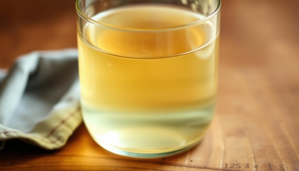A glass container filled with a clear, amber-colored liquid sits on a wooden surface. The liquid is a vinegar solution, a natural leather cleaning and conditioning agent. Soft, diffused lighting creates a warm, inviting atmosphere, highlighting the transparency of the liquid and the texture of the wood. The composition emphasizes the simplicity and effectiveness of this homemade leather care solution, reflecting the article's focus on natural, easy-to-use household remedies. The image conveys a sense of authenticity and eco-friendly solutions for maintaining the fresh, supple appearance of leather garments. A glass container filled with a clear, amber-colored liquid sits on a wooden surface. The liquid is a vinegar solution, a natural leather cleaning and conditioning agent. Soft, diffused lighting creates a warm, inviting atmosphere, highlighting the transparency of the liquid and the texture of the wood. The composition emphasizes the simplicity and effectiveness of this homemade leather care solution, reflecting the article's focus on natural, easy-to-use household remedies. The image conveys a sense of authenticity and eco-friendly solutions for maintaining the fresh, supple appearance of leather garments.