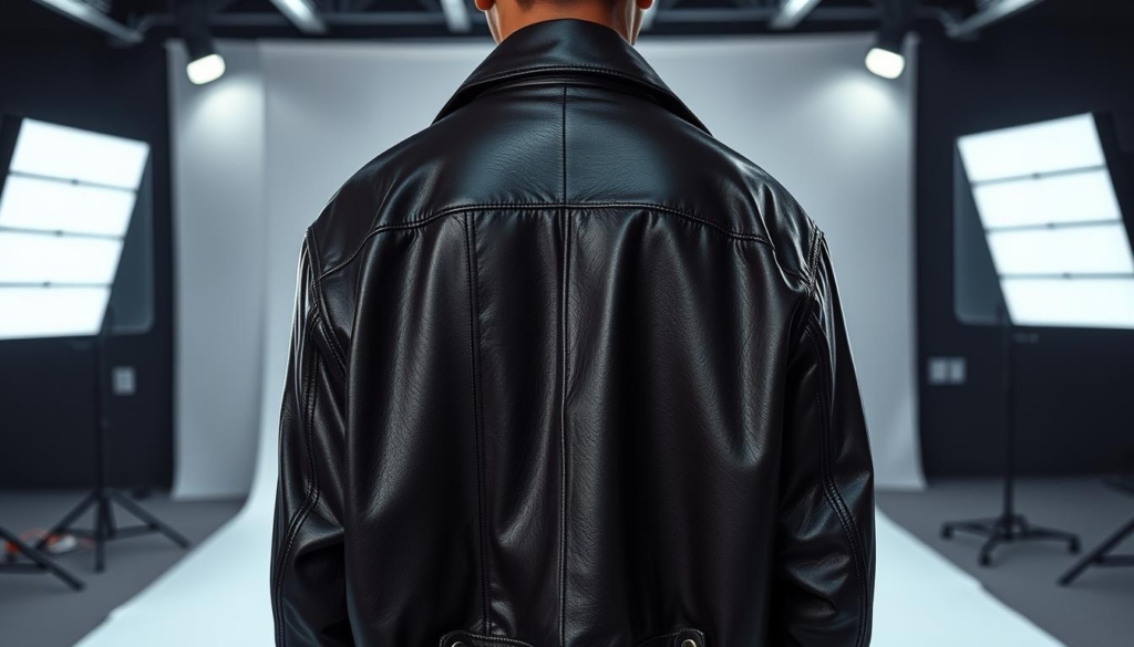 A high-fashion photography studio setting with dramatic lighting and a sleek, modern aesthetic. In the foreground, a striking leather jacket in an oversized, star-inspired silhouette is showcased, its details and texture meticulously rendered. In the background, a minimalist backdrop with subtle geometric patterns creates a chic, high-end ambiance. The lighting is carefully angled to accentuate the jacket's luxurious sheen and emphasize its tailored lines. The overall scene evokes a sense of effortless style and timeless elegance, capturing the essence of celebrity fashion trends.