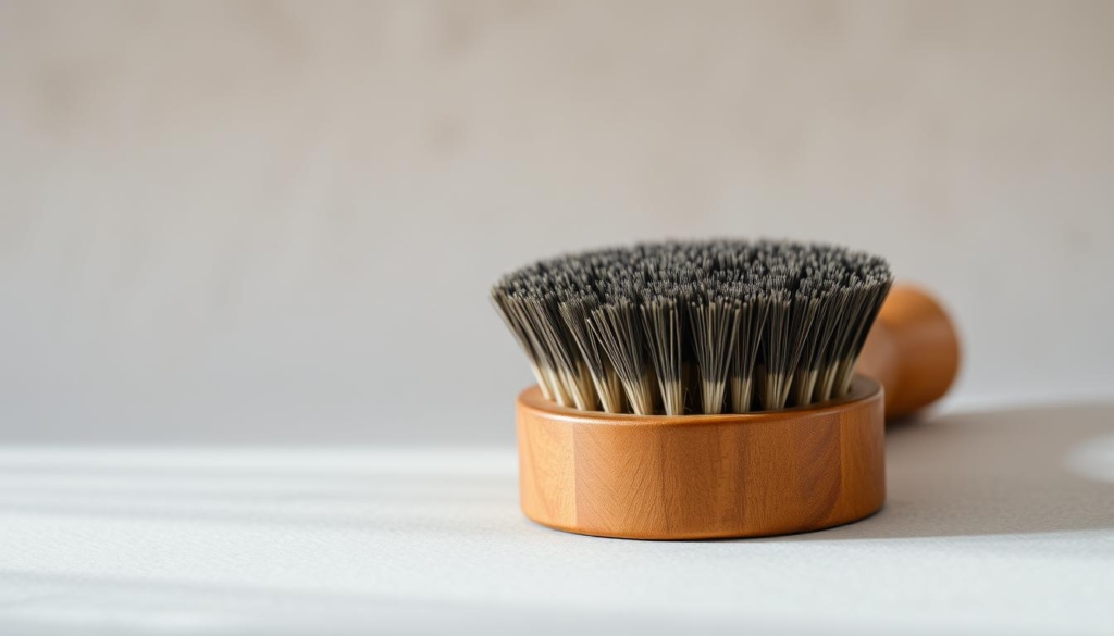 A high-quality leather brush with soft, dense bristles in a warm, natural wood handle. The brush is positioned in the foreground, the bristles catching the gentle light from a diffuse, natural source. The background is a neutral, slightly textured surface, allowing the brush to be the focal point. The overall mood is one of simplicity, quality, and attention to detail - capturing the essential tool for carefully cleaning and maintaining fine leather goods.