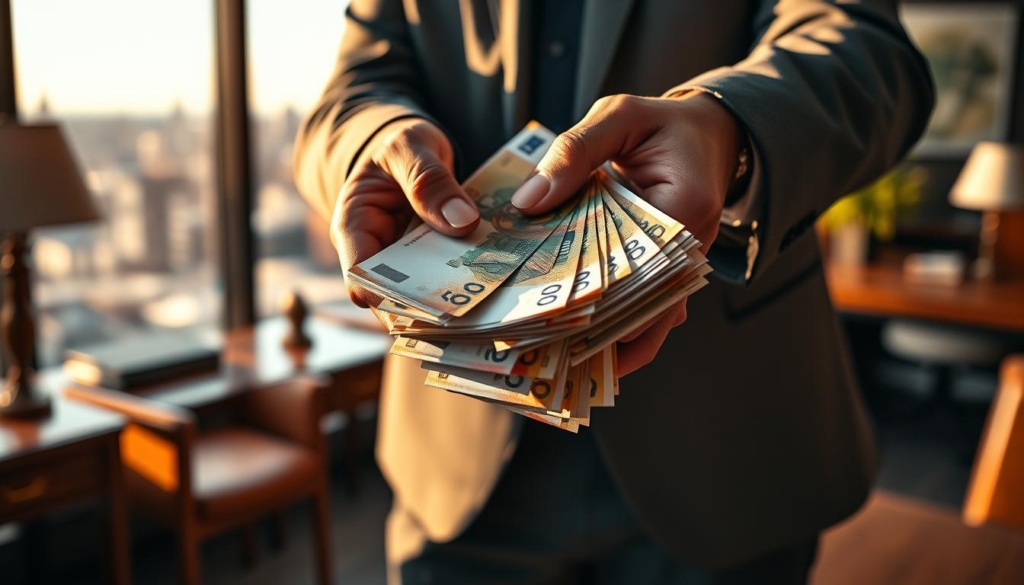 A high-resolution close-up photograph of a businessman's hands counting stacks of euro banknotes, set against a blurred background of an elegant office interior with wooden furniture and a large window overlooking a cityscape. The lighting is warm and slightly dramatic, casting long shadows and highlights on the hands to emphasize the texture and weight of the money. The overall composition is balanced and draws the viewer's attention to the tactile and symbolic nature of the man's personal wealth.