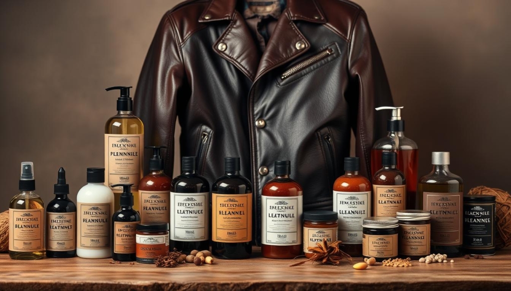 A lavishly crafted display of premium leather care sets, showcasing a variety of high-quality, natural ingredients. In the foreground, a sleek and stylish leather jacket is prominently featured, inviting the viewer to imagine the luxurious feel and supple texture of the material. Arrayed around it are an assortment of elegant bottles, jars, and tins, each containing specialized cleaning solutions, conditioners, and polishes. The lighting is soft and warm, casting a subtle glow over the scene, emphasizing the premium nature of the products. In the background, a muted, neutral-toned backdrop allows the leather and natural ingredients to take center stage, conveying a sense of refined sophistication and attention to detail. The overall composition exudes a sense of indulgence and care, perfectly suited for the discerning leather enthusiast. A lavishly crafted display of premium leather care sets, showcasing a variety of high-quality, natural ingredients. In the foreground, a sleek and stylish leather jacket is prominently featured, inviting the viewer to imagine the luxurious feel and supple texture of the material. Arrayed around it are an assortment of elegant bottles, jars, and tins, each containing specialized cleaning solutions, conditioners, and polishes. The lighting is soft and warm, casting a subtle glow over the scene, emphasizing the premium nature of the products. In the background, a muted, neutral-toned backdrop allows the leather and natural ingredients to take center stage, conveying a sense of refined sophistication and attention to detail. The overall composition exudes a sense of indulgence and care, perfectly suited for the discerning leather enthusiast.