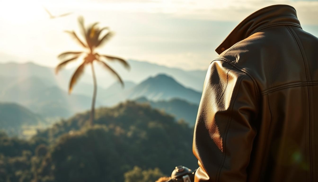 A leather jacket navigating diverse climates - from a sun-drenched tropical paradise to a chilly alpine haven, and everything in between. In the foreground, the jacket stands resolute, its supple texture reflecting the ever-changing light. The middle ground reveals lush, verdant landscapes or snow-capped peaks, as the background seamlessly blends into hazy horizons. Warm, golden sunlight filters through, casting a gentle glow, while cool, crisp shadows add depth and dimension. The scene evokes a sense of adventure, showcasing the jacket's versatility and resilience as it adapts to the demands of each unique environment.