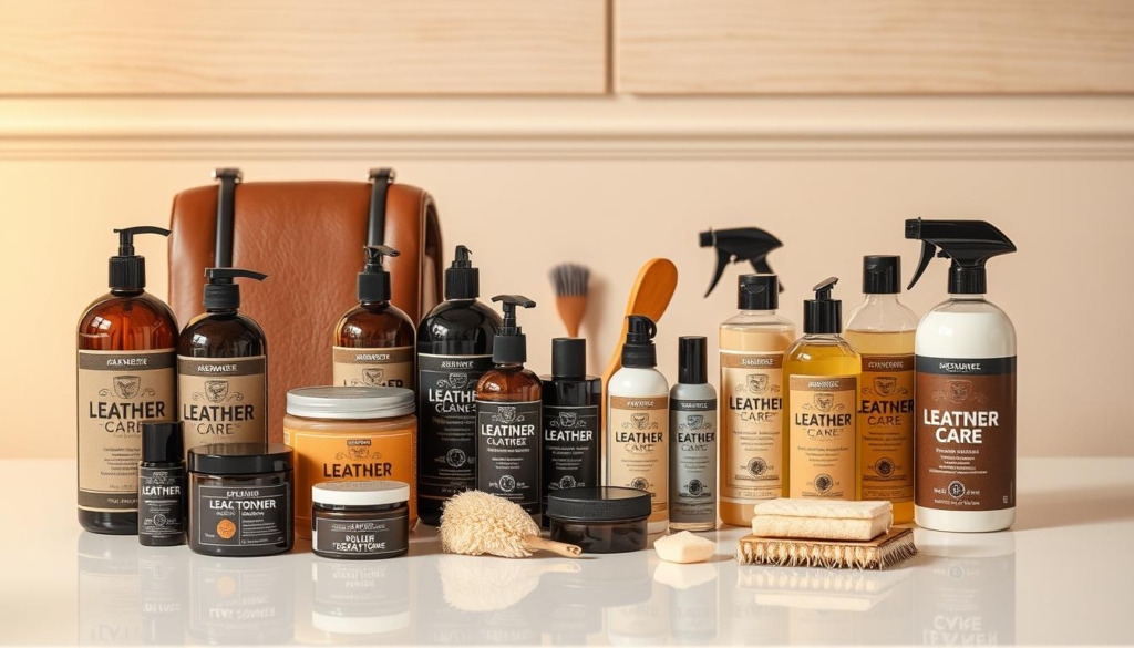 A meticulously crafted display of specialized leather care products, artfully arranged on a sleek, minimalist white tabletop. In the foreground, an assortment of premium leather conditioners, cleaners, and polishes, their bottles and jars gleaming under the soft, warm lighting. In the middle ground, high-quality leather care tools, such as soft brushes and delicate sponges, neatly organized. The background features a subtle, elegant backdrop, perhaps a subtle wood-paneled wall or a neutral-toned fabric, allowing the focus to remain on the specialized leather care set. The overall composition conveys a sense of professionalism, attention to detail, and a dedication to maintaining the beauty and longevity of both automotive and furniture leathers. A meticulously crafted display of specialized leather care products, artfully arranged on a sleek, minimalist white tabletop. In the foreground, an assortment of premium leather conditioners, cleaners, and polishes, their bottles and jars gleaming under the soft, warm lighting. In the middle ground, high-quality leather care tools, such as soft brushes and delicate sponges, neatly organized. The background features a subtle, elegant backdrop, perhaps a subtle wood-paneled wall or a neutral-toned fabric, allowing the focus to remain on the specialized leather care set. The overall composition conveys a sense of professionalism, attention to detail, and a dedication to maintaining the beauty and longevity of both automotive and furniture leathers.