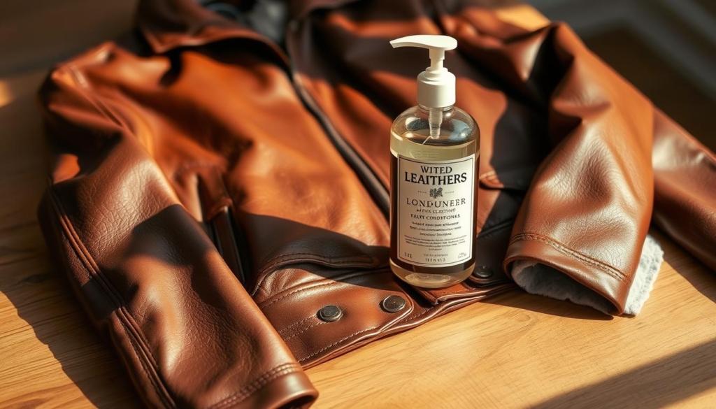 A meticulously detailed leather jacket lies on a wooden surface, its supple texture glistening under warm, natural lighting. Beside it, a soft cloth and a bottle of high-quality leather conditioner, ready to nourish and revive the material after a thorough cleansing. The scene exudes a sense of care and attention, with a focus on preserving the jacket's suppleness and sheen. The composition is balanced, with the jacket occupying the foreground, the conditioner and cloth in the middle ground, and a subtly blurred background providing a clean, uncluttered setting. This image perfectly illustrates the importance of proper leather care after a cleaning, ensuring the jacket remains soft, flexible, and visually appealing. A meticulously detailed leather jacket lies on a wooden surface, its supple texture glistening under warm, natural lighting. Beside it, a soft cloth and a bottle of high-quality leather conditioner, ready to nourish and revive the material after a thorough cleansing. The scene exudes a sense of care and attention, with a focus on preserving the jacket's suppleness and sheen. The composition is balanced, with the jacket occupying the foreground, the conditioner and cloth in the middle ground, and a subtly blurred background providing a clean, uncluttered setting. This image perfectly illustrates the importance of proper leather care after a cleaning, ensuring the jacket remains soft, flexible, and visually appealing.