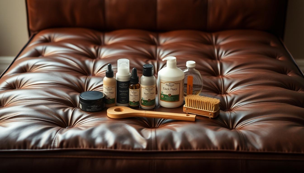A meticulously maintained leather mattress, its surface gleaming with a soft sheen under the gentle, warm lighting. The leather, expertly conditioned, presents a supple and inviting texture, beckoning the viewer to reach out and caress its luxurious surface. In the middle ground, an array of premium leather care products - conditioning creams, polishes, and specialized brushes - arranged neatly, conveying a sense of diligent attention to detail. The background subtly fades into a neutral, soothing tone, allowing the focus to remain on the beautifully preserved leather mattress, a testament to the effective care and maintenance techniques highlighted in the article.