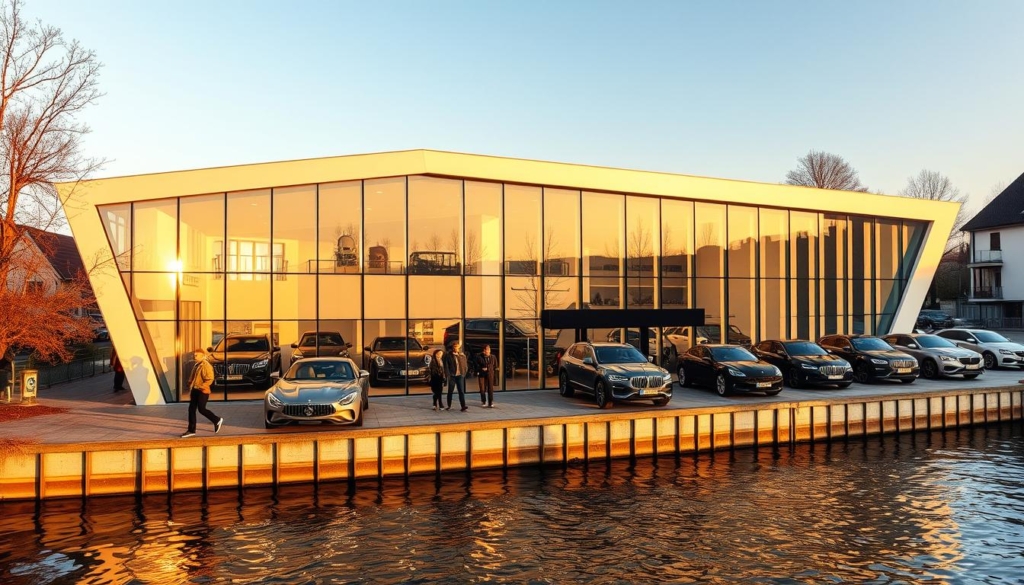 A modern, glass-and-steel automotive showroom nestled along the banks of the Neckar River in Heidelberg, Germany. The facade gleams in the warm, golden afternoon light, its sleek lines and angular design evoking a sense of technological sophistication. Elegant luxury vehicles are artfully displayed in the spacious, well-lit interior, their polished surfaces reflecting the refined craftsmanship. Visitors stroll through the showroom, admiring the latest models and envisioning themselves behind the wheel, ready to embark on a journey through the picturesque Rhein-Neckar region. The peaceful, riverside setting creates a tranquil atmosphere, a perfect backdrop for a family-owned business that has become a pillar of the local automotive community. A modern, glass-and-steel automotive showroom nestled along the banks of the Neckar River in Heidelberg, Germany. The facade gleams in the warm, golden afternoon light, its sleek lines and angular design evoking a sense of technological sophistication. Elegant luxury vehicles are artfully displayed in the spacious, well-lit interior, their polished surfaces reflecting the refined craftsmanship. Visitors stroll through the showroom, admiring the latest models and envisioning themselves behind the wheel, ready to embark on a journey through the picturesque Rhein-Neckar region. The peaceful, riverside setting creates a tranquil atmosphere, a perfect backdrop for a family-owned business that has become a pillar of the local automotive community.