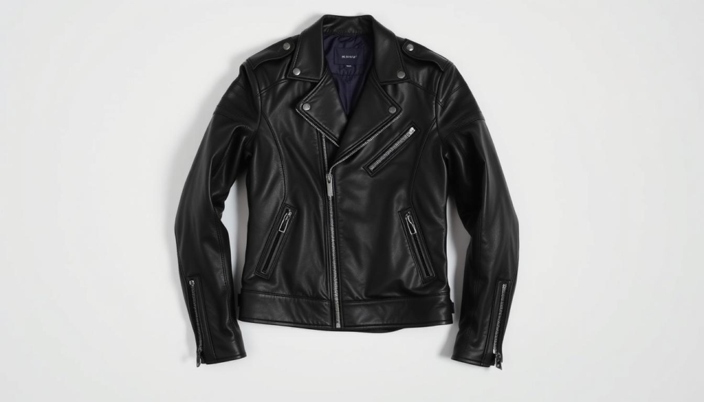 A modern, minimalist product page layout showcasing a black leather motorcycle jacket. The jacket is centered in the frame, gently lit from the side to highlight its texture and shine. The background is a clean, light-colored surface, allowing the jacket to be the focal point. Subtle product details are visible, such as the zipper, pockets, and stitching. The overall mood is sleek, high-quality, and professional, reflecting the sophistication of the garment. The image conveys a sense of effortless style and craftsmanship, perfectly suited to illustrate the "Lieferzeit" (delivery time) section of the article. A modern, minimalist product page layout showcasing a black leather motorcycle jacket. The jacket is centered in the frame, gently lit from the side to highlight its texture and shine. The background is a clean, light-colored surface, allowing the jacket to be the focal point. Subtle product details are visible, such as the zipper, pockets, and stitching. The overall mood is sleek, high-quality, and professional, reflecting the sophistication of the garment. The image conveys a sense of effortless style and craftsmanship, perfectly suited to illustrate the "Lieferzeit" (delivery time) section of the article.