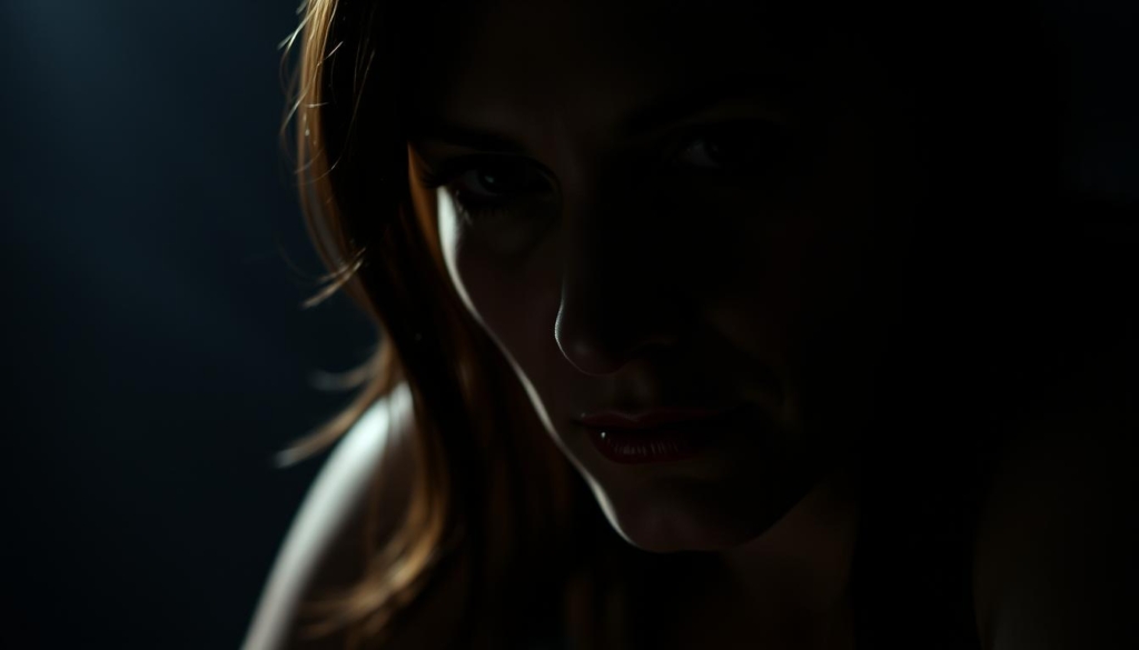 A moody, intimate portrait of Demi Moore, her face shrouded in shadows, conveying a sense of introspection and vulnerability. The lighting is dramatic, casting deep shadows that accentuate the lines and curves of her face. The background is blurred, with a sense of depth and atmosphere, suggesting a private, secluded setting. The overall mood is pensive, reflecting the turbulent personal journey hinted at in the section title "Privatleben & Öffentlichkeit: Alkohol, Drogen und Heilung".