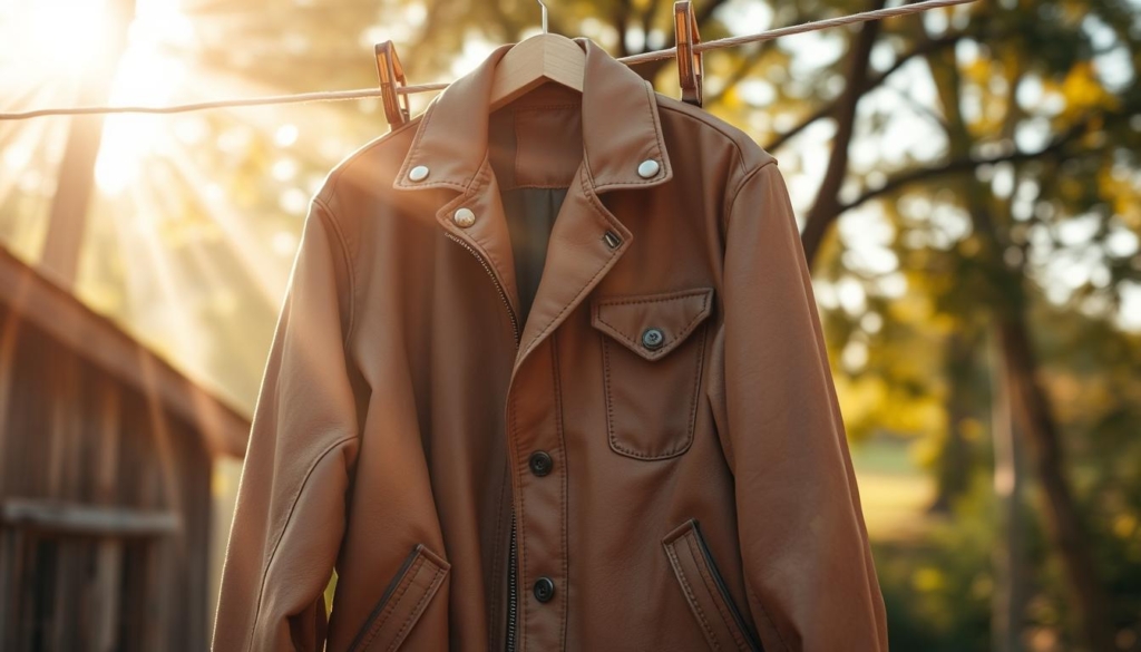A natural, well-ventilated leather jacket hangs on an old wooden clothesline, gently swaying in the breeze. The soft, supple material is exposed to the fresh air, allowing any unpleasant odors to dissipate. Rays of warm, golden sunlight filter through the trees, creating a cozy, earthy atmosphere. The jacket's neutral tones, weathered hardware, and rustic setting evoke a sense of traditional craftsmanship and timeless style. A subtle, natural scent of leather and fresh air permeates the scene, signaling the effectiveness of this simple, chemical-free method of freshening up a beloved leather garment. A natural, well-ventilated leather jacket hangs on an old wooden clothesline, gently swaying in the breeze. The soft, supple material is exposed to the fresh air, allowing any unpleasant odors to dissipate. Rays of warm, golden sunlight filter through the trees, creating a cozy, earthy atmosphere. The jacket's neutral tones, weathered hardware, and rustic setting evoke a sense of traditional craftsmanship and timeless style. A subtle, natural scent of leather and fresh air permeates the scene, signaling the effectiveness of this simple, chemical-free method of freshening up a beloved leather garment.