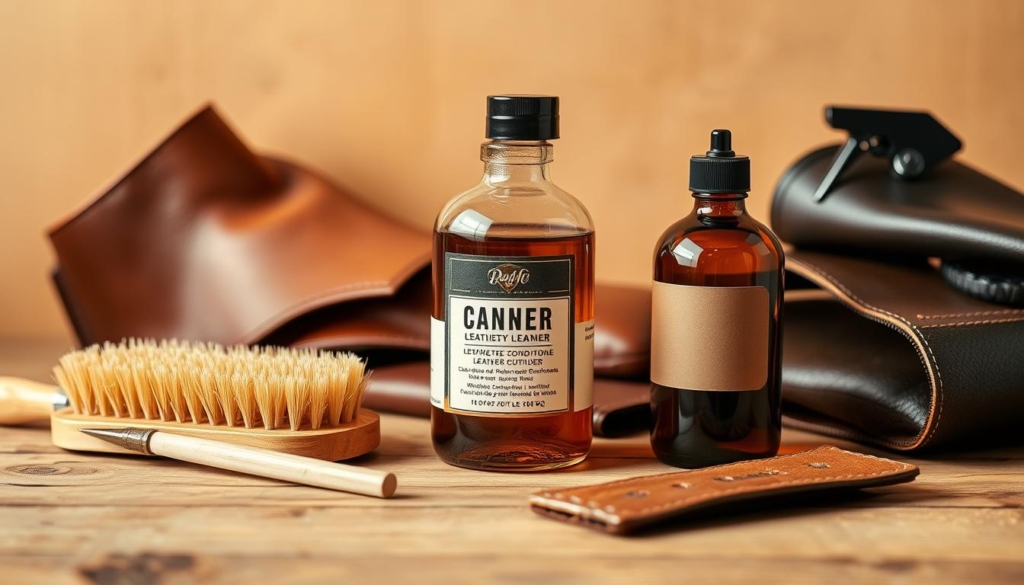 A neatly arranged display of various leather care products, including a soft-bristle brush, a leather conditioner in a glass bottle, and a leather cleaner in a spray bottle. The items are placed on a wooden surface, with a neutral, warm-toned background that emphasizes the natural textures and colors of the leather goods. The lighting is soft and diffused, creating a cozy, inviting atmosphere that suggests the importance of proper leather maintenance. The overall composition highlights the diverse range of specialized products available to ensure the longevity and appearance of high-quality leather items. A neatly arranged display of various leather care products, including a soft-bristle brush, a leather conditioner in a glass bottle, and a leather cleaner in a spray bottle. The items are placed on a wooden surface, with a neutral, warm-toned background that emphasizes the natural textures and colors of the leather goods. The lighting is soft and diffused, creating a cozy, inviting atmosphere that suggests the importance of proper leather maintenance. The overall composition highlights the diverse range of specialized products available to ensure the longevity and appearance of high-quality leather items.