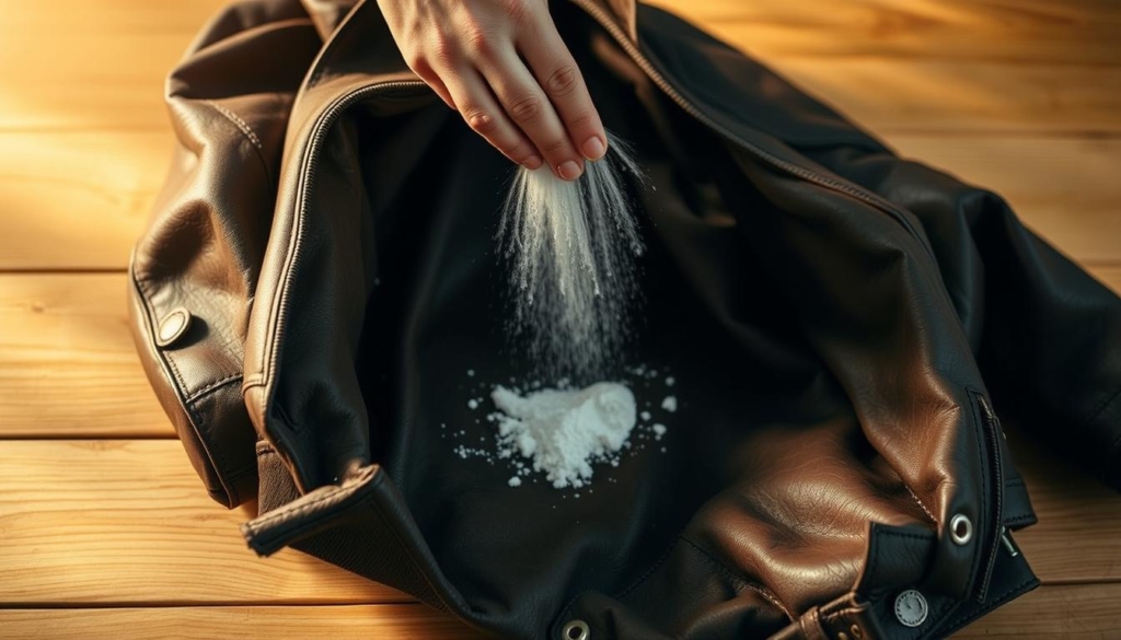 A person's hand gently applying baking soda to the interior of a well-worn leather jacket, creating a soft, billowing cloud of powder. The jacket is positioned on a clean, wooden surface, allowing the application to be seen clearly. Warm, golden lighting from the side casts a subtle glow, highlighting the texture of the leather and the delicate motion of the hand. The atmosphere is one of simple, effective home remedies, with a focus on the satisfying and practical nature of the task at hand. A person's hand gently applying baking soda to the interior of a well-worn leather jacket, creating a soft, billowing cloud of powder. The jacket is positioned on a clean, wooden surface, allowing the application to be seen clearly. Warm, golden lighting from the side casts a subtle glow, highlighting the texture of the leather and the delicate motion of the hand. The atmosphere is one of simple, effective home remedies, with a focus on the satisfying and practical nature of the task at hand.