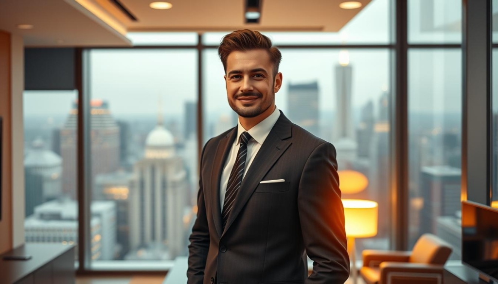 A professional real estate agent standing confidently in a modern office, dressed in a sharp suit and tie, with a focused gaze and a friendly demeanor. The background features sleek, minimalist decor, with large windows overlooking a bustling city skyline. Warm, directional lighting casts a soft, cinematic glow, highlighting the subject's features and creating a sense of depth and dimension. The overall atmosphere conveys a sense of success, professionalism, and the transition from a traditional career path to a thriving television personality. A professional real estate agent standing confidently in a modern office, dressed in a sharp suit and tie, with a focused gaze and a friendly demeanor. The background features sleek, minimalist decor, with large windows overlooking a bustling city skyline. Warm, directional lighting casts a soft, cinematic glow, highlighting the subject's features and creating a sense of depth and dimension. The overall atmosphere conveys a sense of success, professionalism, and the transition from a traditional career path to a thriving television personality.