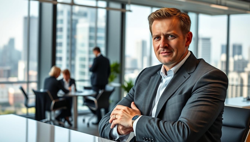 A professional, well-lit portrait of Andreas Rieke, a successful German businessman, set against a backdrop of his company's modern office interior. Rieke is seated at his desk, hands clasped, with an expression of focused determination. The lighting highlights the angular features of his face and the tailored suit he wears, conveying a sense of authority and composure. In the middle ground, glimpses of his team collaborating in the open-plan workspace, while the background features floor-to-ceiling windows overlooking a bustling cityscape, symbolizing the scope of Rieke's career and the thriving enterprise he has built.