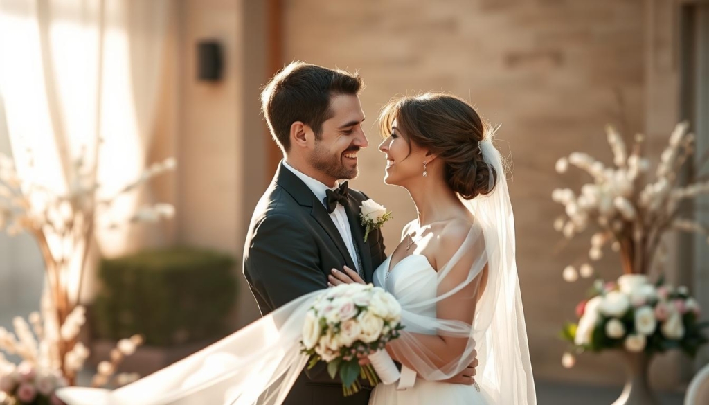 A romantic, candid photograph of Tom Bierbaumer and Désirée Nosbusch on their wedding day. The couple stands embracing, gazing lovingly at each other, their faces aglow with joy and happiness. Désirée wears a flowing white bridal gown, while Tom is dressed in a sleek, tailored tuxedo. Soft, natural lighting filters through the scene, casting a warm, golden hue. The background is subtly blurred, allowing the focus to remain on the newlyweds. Delicate floral arrangements adorn the area, adding a touch of elegance. The overall atmosphere radiates a sense of intimacy, celebration, and the profound connection between the two individuals.