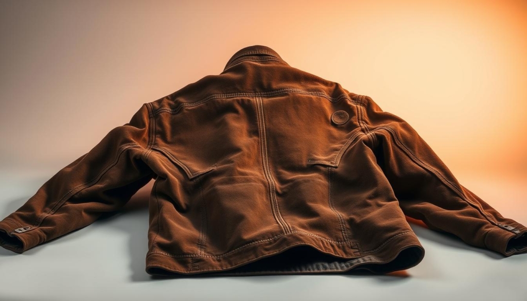 A rugged leather jacket with a distinctive suede-like texture sits in a well-lit studio environment. The jacket is laid flat, showcasing its intricate stitching and distressed detailing. Warm, directional lighting from the side creates depth and highlights the jacket's natural character. The background is a clean, neutral backdrop, allowing the subject to take center stage. The overall mood conveys a sense of practical elegance, inviting the viewer to closely examine the unique properties of this specialized type of leather garment. A rugged leather jacket with a distinctive suede-like texture sits in a well-lit studio environment. The jacket is laid flat, showcasing its intricate stitching and distressed detailing. Warm, directional lighting from the side creates depth and highlights the jacket's natural character. The background is a clean, neutral backdrop, allowing the subject to take center stage. The overall mood conveys a sense of practical elegance, inviting the viewer to closely examine the unique properties of this specialized type of leather garment.
