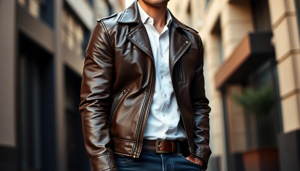 A rugged, well-tailored men's leather jacket in a rich, dark brown hue. The jacket has a classic biker silhouette with sharp lapels, zip-up front, and subtly quilted shoulders. Worn over a crisp, white button-down shirt and dark wash, slim-fit jeans, the ensemble exudes a refined, yet effortless masculinity. The lighting is soft and directional, casting gentle shadows that accentuate the jacket's supple texture and tailored lines. The background is a stylish, urban setting - perhaps a city street or high-end loft, with just enough detail to suggest an atmosphere of sophisticated, casual elegance. A rugged, well-tailored men's leather jacket in a rich, dark brown hue. The jacket has a classic biker silhouette with sharp lapels, zip-up front, and subtly quilted shoulders. Worn over a crisp, white button-down shirt and dark wash, slim-fit jeans, the ensemble exudes a refined, yet effortless masculinity. The lighting is soft and directional, casting gentle shadows that accentuate the jacket's supple texture and tailored lines. The background is a stylish, urban setting - perhaps a city street or high-end loft, with just enough detail to suggest an atmosphere of sophisticated, casual elegance.